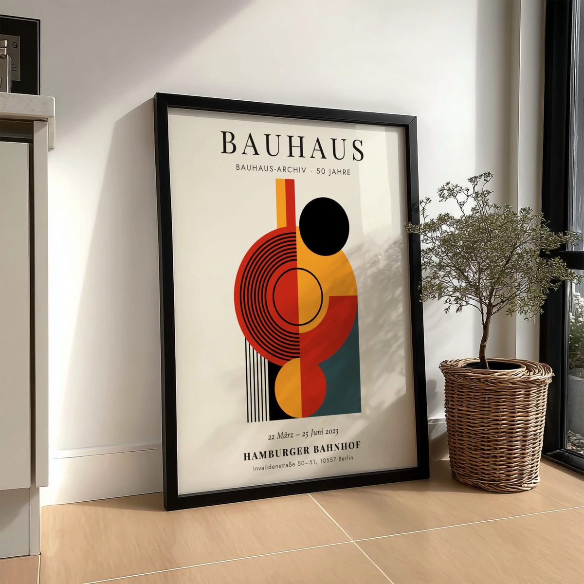 Bauhaus poster showcasing abstract geometric shapes in bold colors, perfect for modern decor
