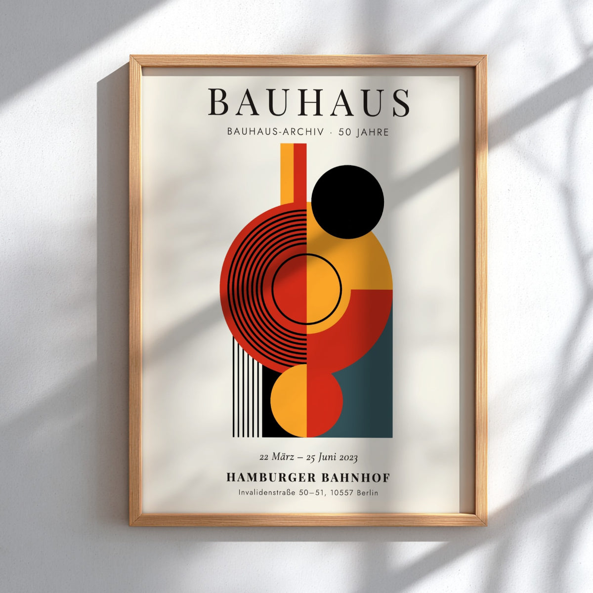 Bauhaus poster showcasing abstract geometric shapes in bold colors, perfect for modern decor