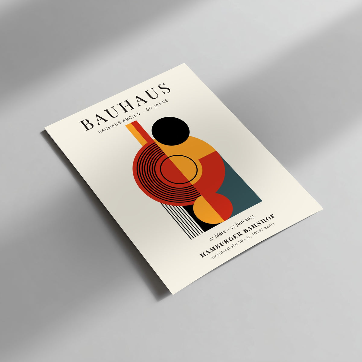 Bauhaus poster showcasing abstract geometric shapes in bold colors, perfect for modern decor
