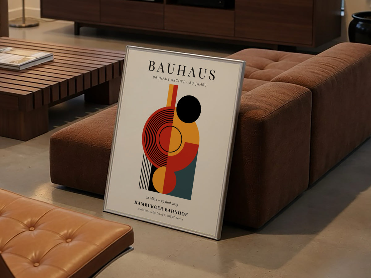 Bauhaus poster showcasing abstract geometric shapes in bold colors, perfect for modern decor