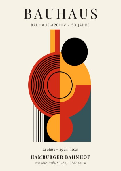 Bauhaus poster showcasing abstract geometric shapes in bold colors, perfect for modern decor