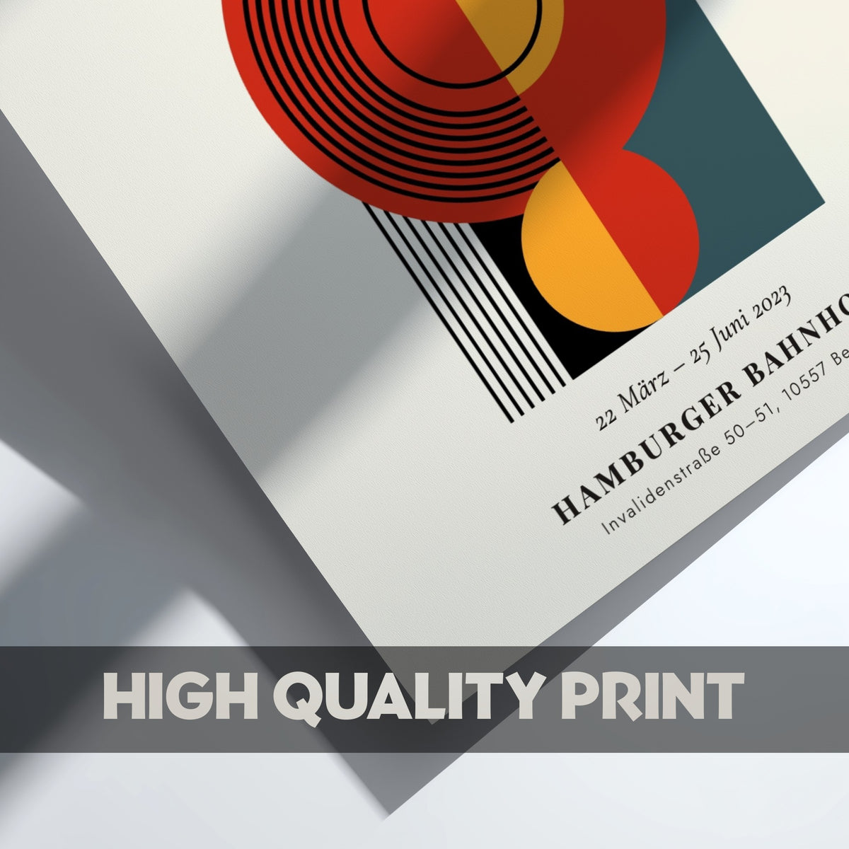 Bauhaus poster showcasing abstract geometric shapes in bold colors, perfect for modern decor