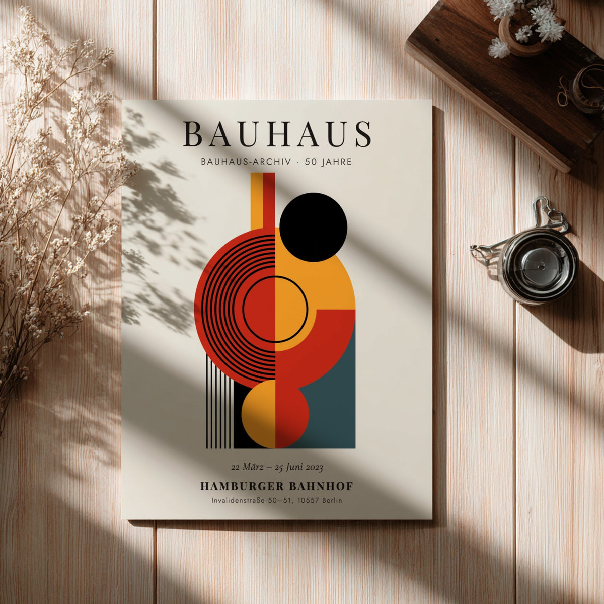 Bauhaus poster showcasing abstract geometric shapes in bold colors, perfect for modern decor