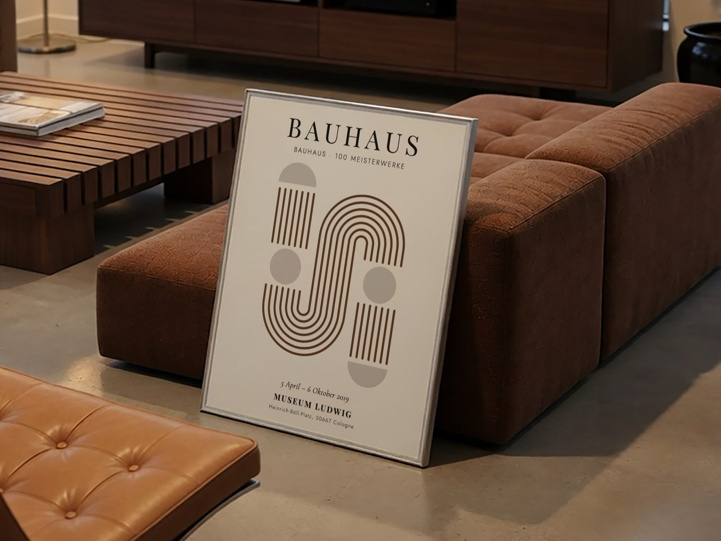 Bauhaus poster featuring geometric shapes and warm earthy tones, modern design for wall decor