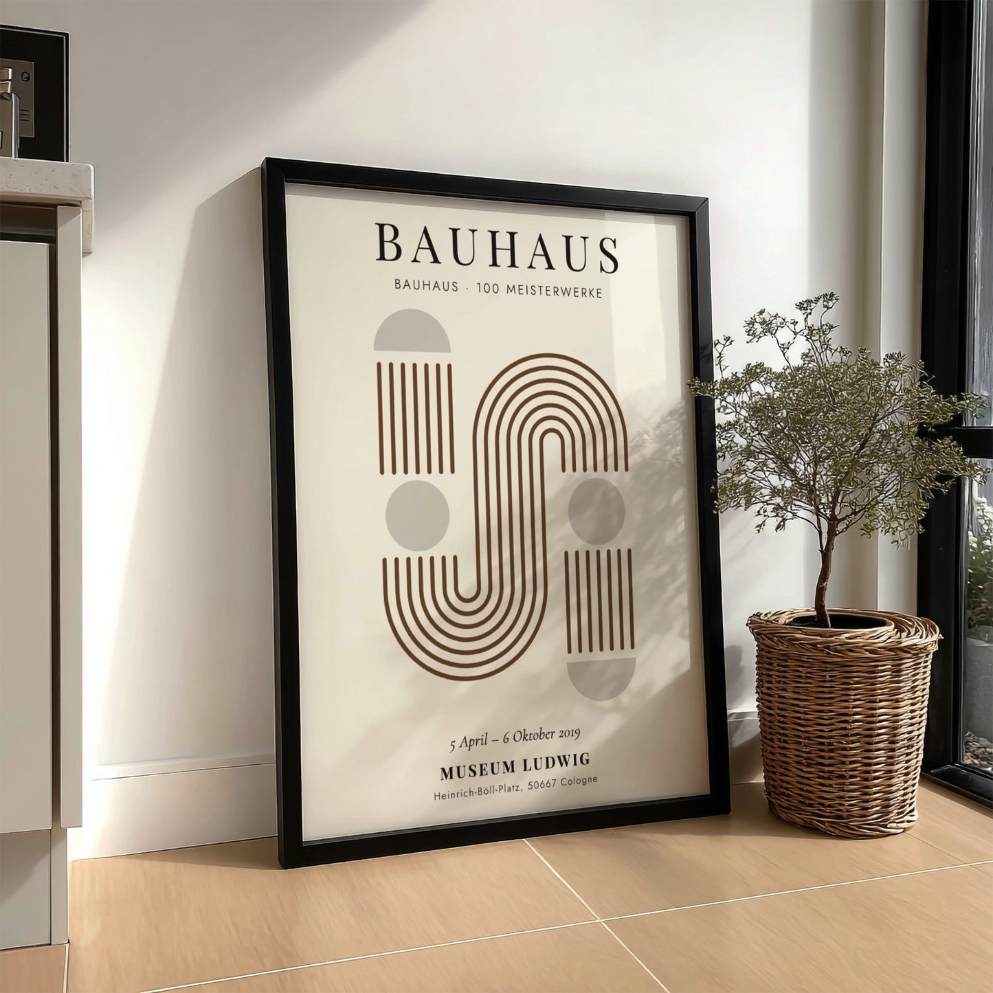 Bauhaus poster featuring geometric shapes and warm earthy tones, modern design for wall decor