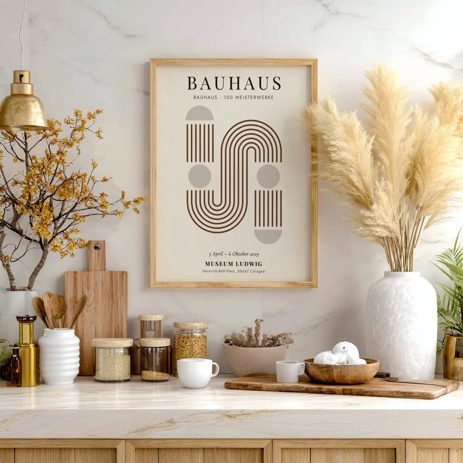 Bauhaus poster featuring geometric shapes and warm earthy tones, modern design for wall decor
