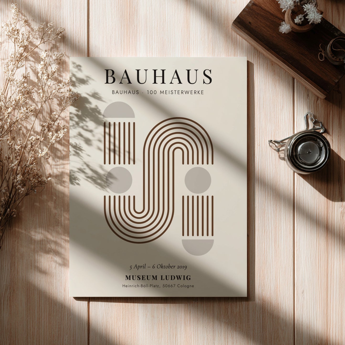Bauhaus poster featuring geometric shapes and warm earthy tones, modern design for wall decor