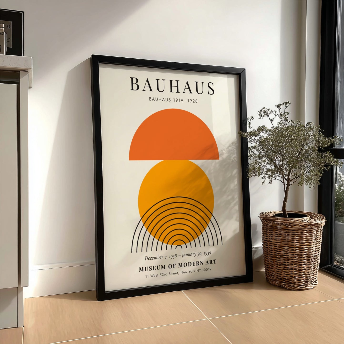 Bauhaus poster featuring geometric shapes in orange and black, modern design art for wall decor