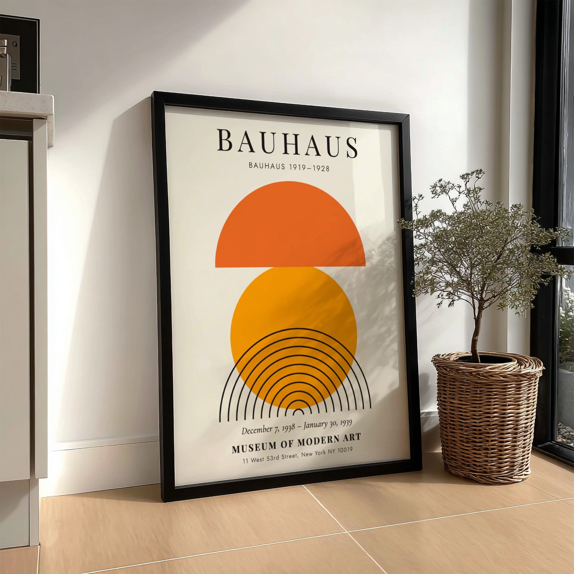 Bauhaus poster featuring geometric shapes in orange and black, modern design art for wall decor