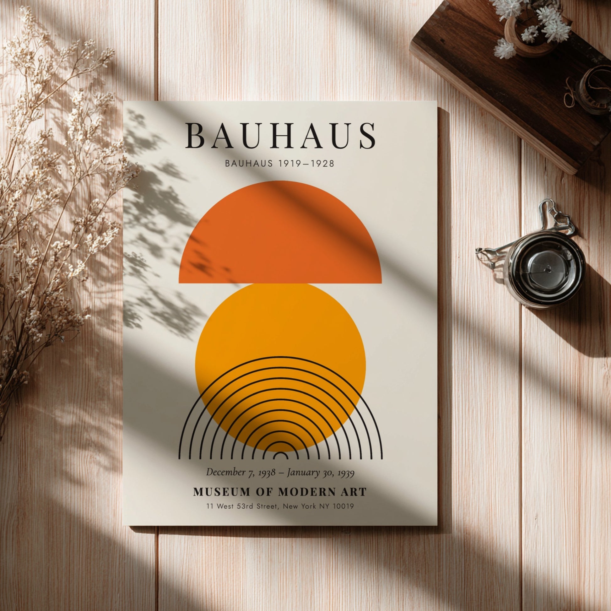 Bauhaus poster featuring geometric shapes in orange and black, modern design art for wall decor