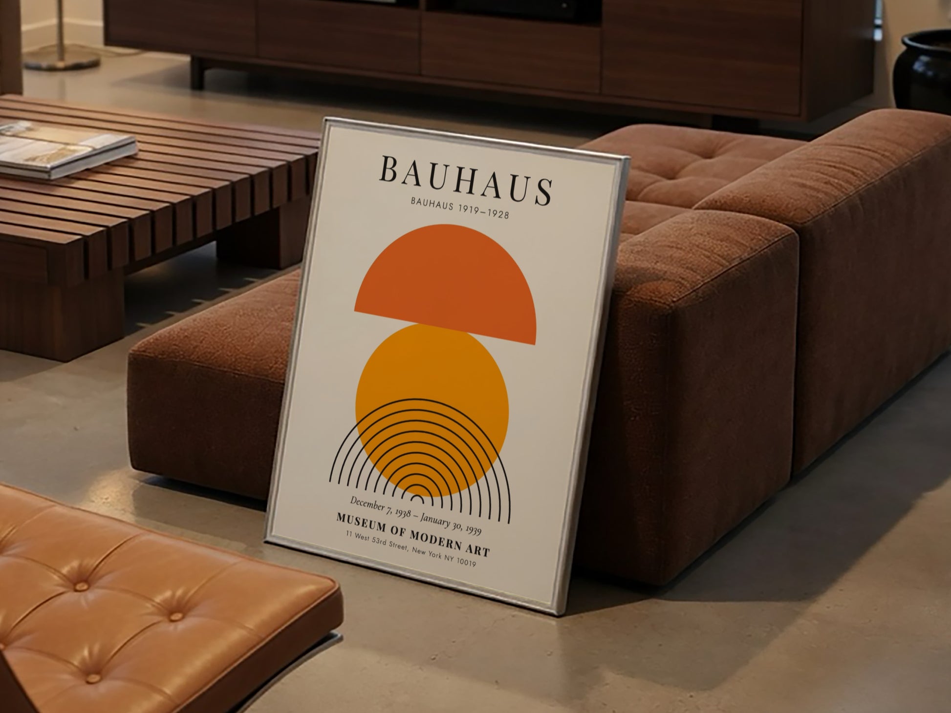 Bauhaus poster featuring geometric shapes in orange and black, modern design art for wall decor
