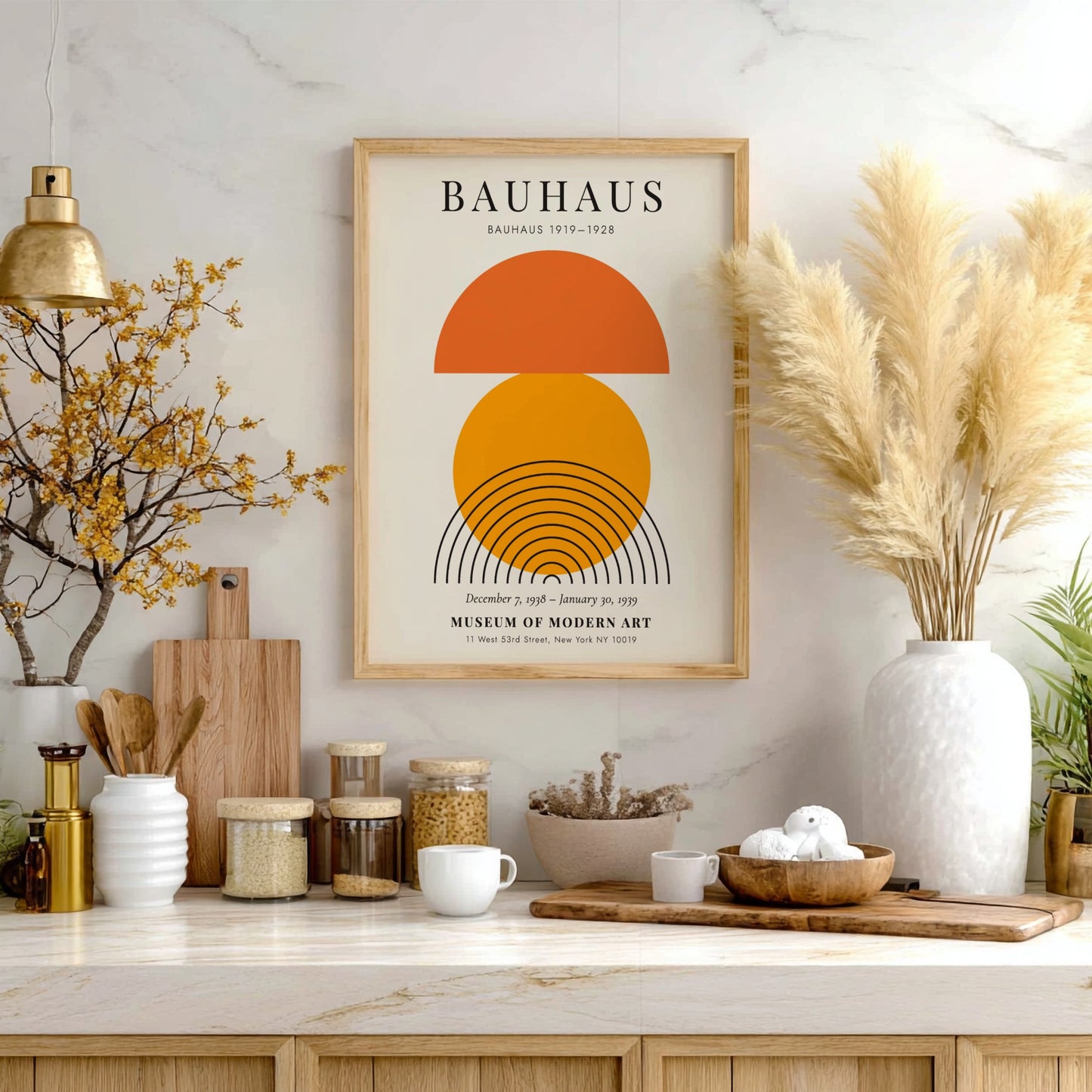 Bauhaus poster featuring geometric shapes in orange and black, modern design art for wall decor