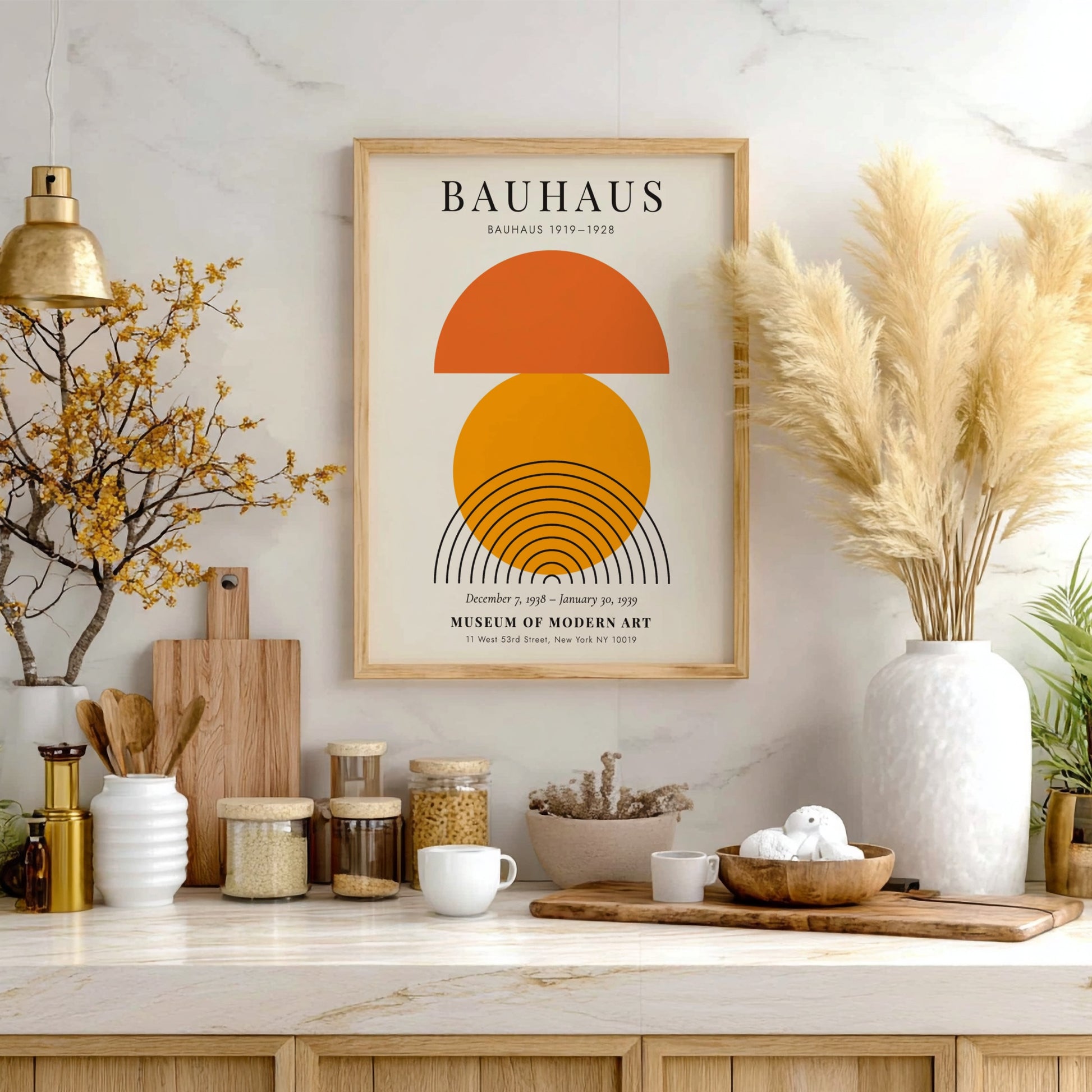 Bauhaus poster featuring geometric shapes in orange and black, modern design art for wall decor