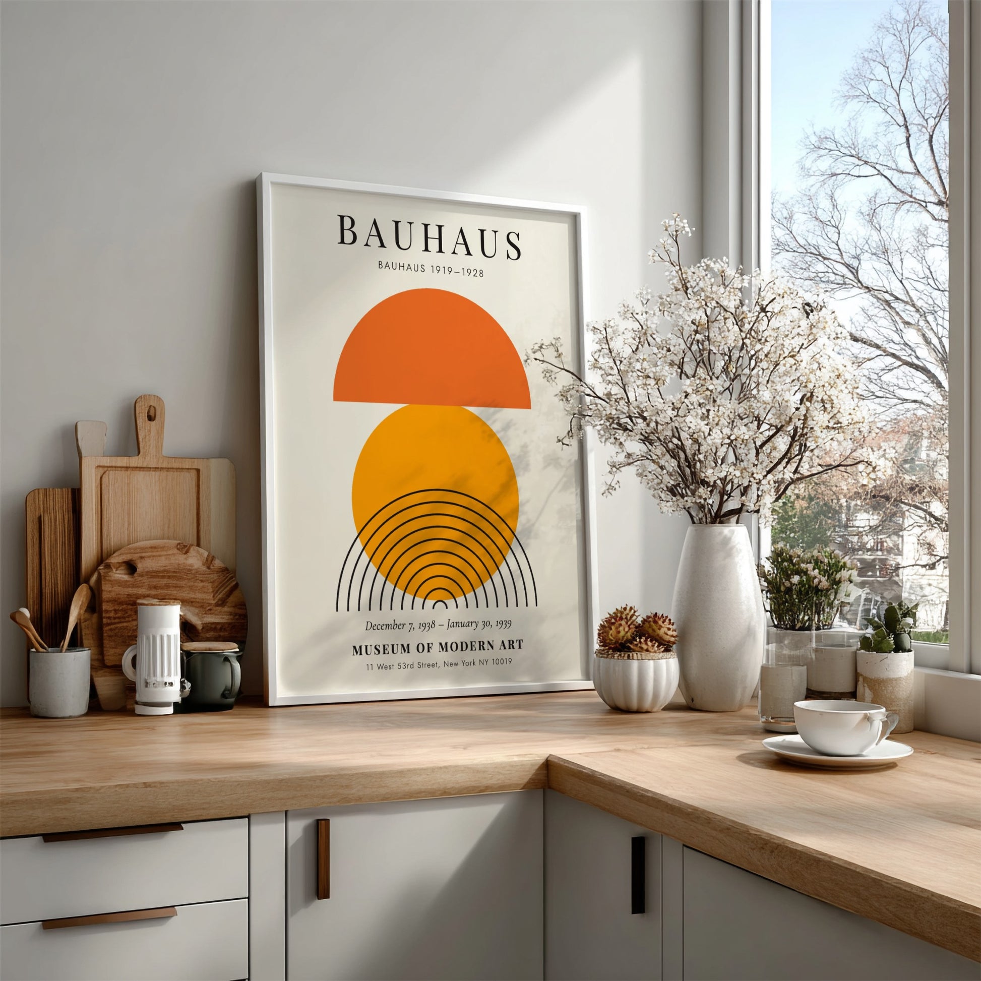 Bauhaus poster featuring geometric shapes in orange and black, modern design art for wall decor