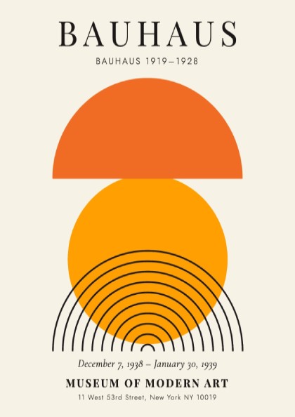 Bauhaus poster featuring geometric shapes in orange and black, modern design art for wall decor