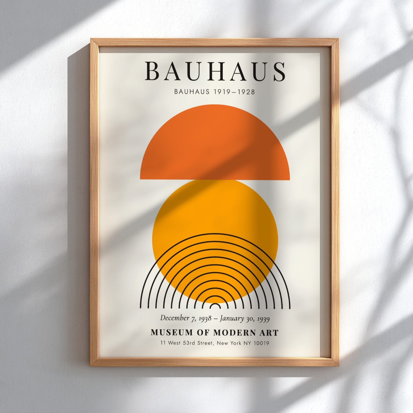 Bauhaus poster featuring geometric shapes in orange and black, modern design art for wall decor