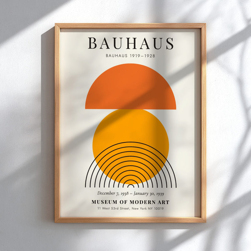 Bauhaus poster featuring geometric shapes in orange and black, modern design art for wall decor