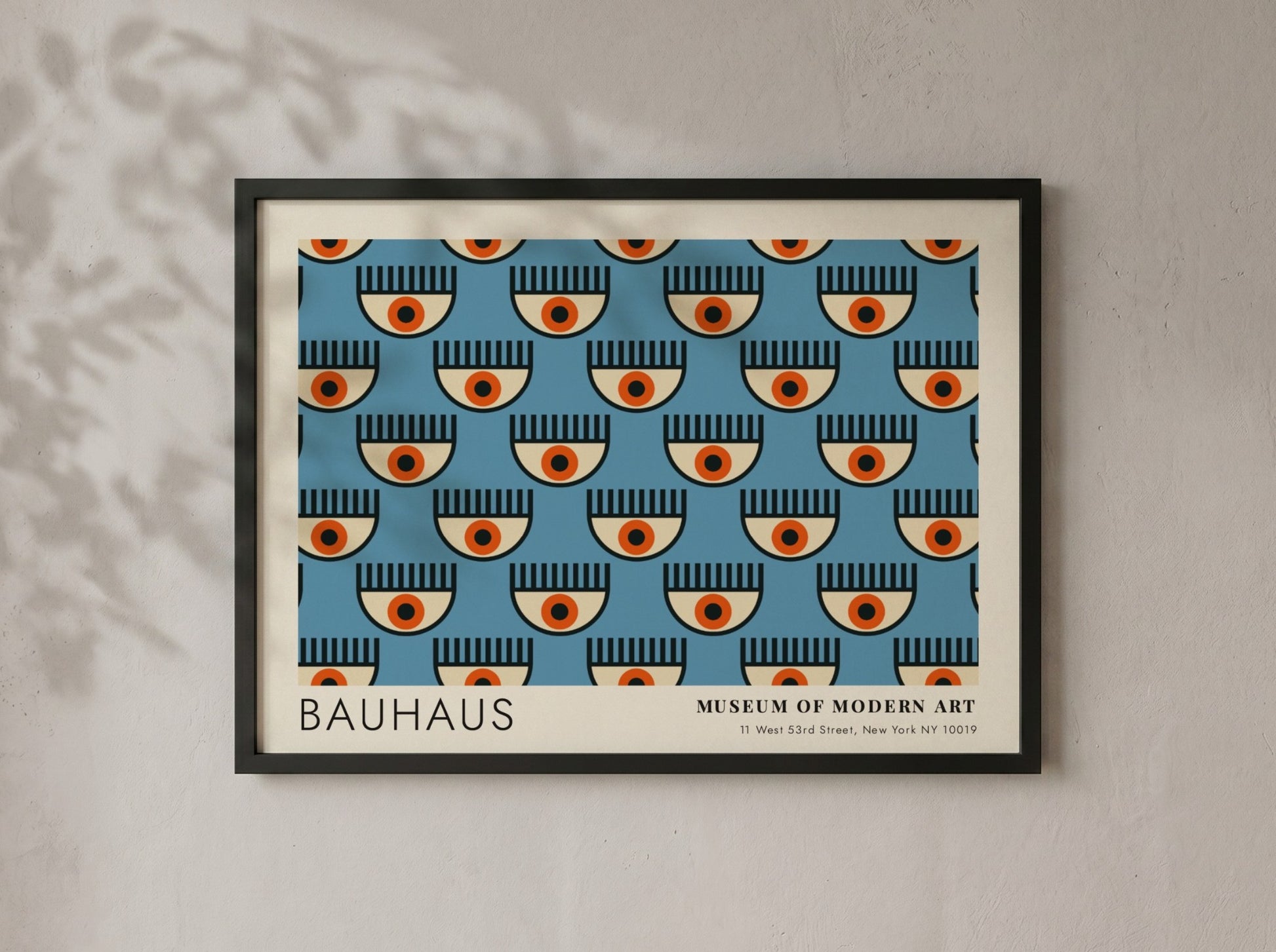 Wall art poster featuring a repetitive Bauhaus eye pattern in blue and orange tones.