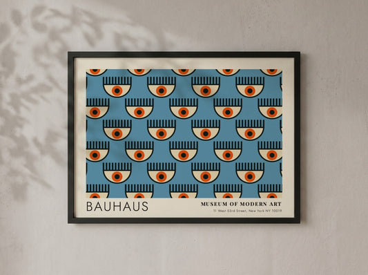 Wall art poster featuring a repetitive Bauhaus eye pattern in blue and orange tones.