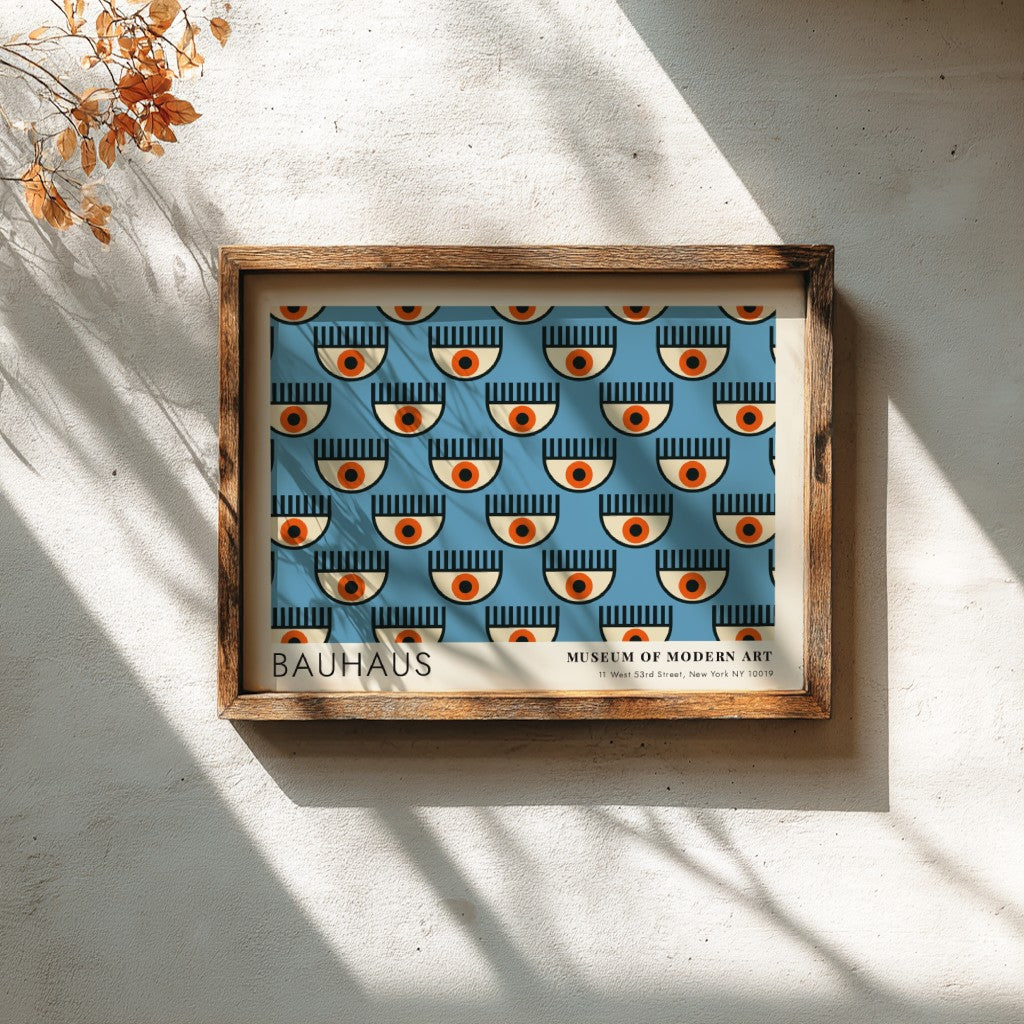 Wall art poster featuring a repetitive Bauhaus eye pattern in blue and orange tones.