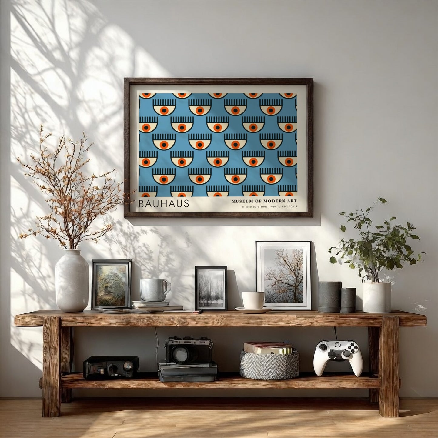 Wall art poster featuring a repetitive Bauhaus eye pattern in blue and orange tones.