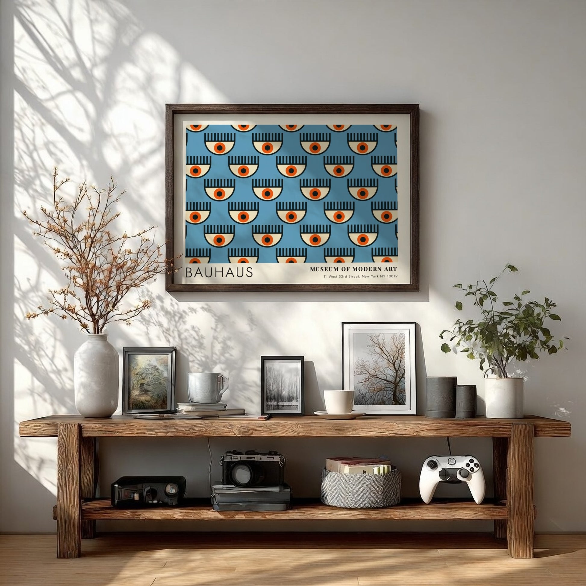 Wall art poster featuring a repetitive Bauhaus eye pattern in blue and orange tones.