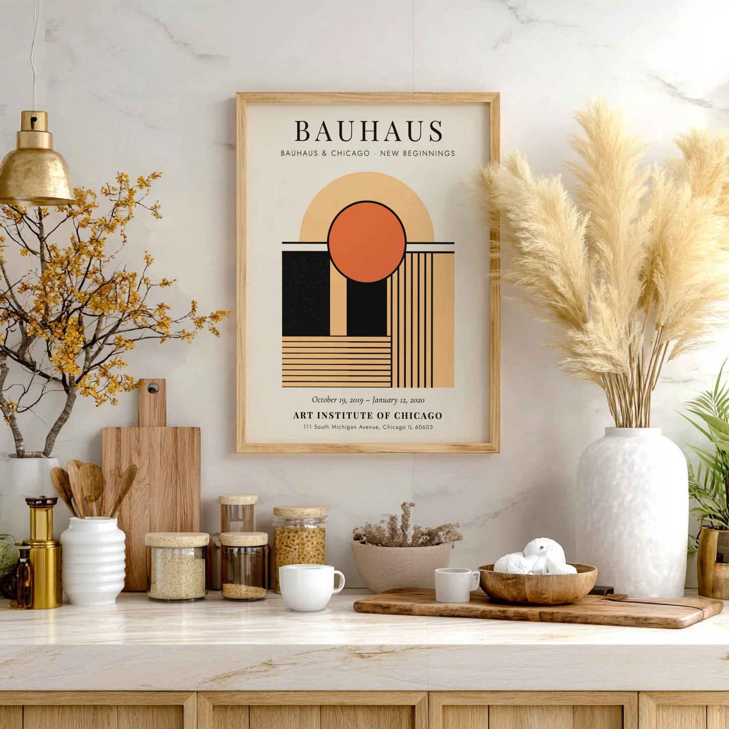 Bauhaus poster featuring geometric shapes and warm colors, modern wall art for decor