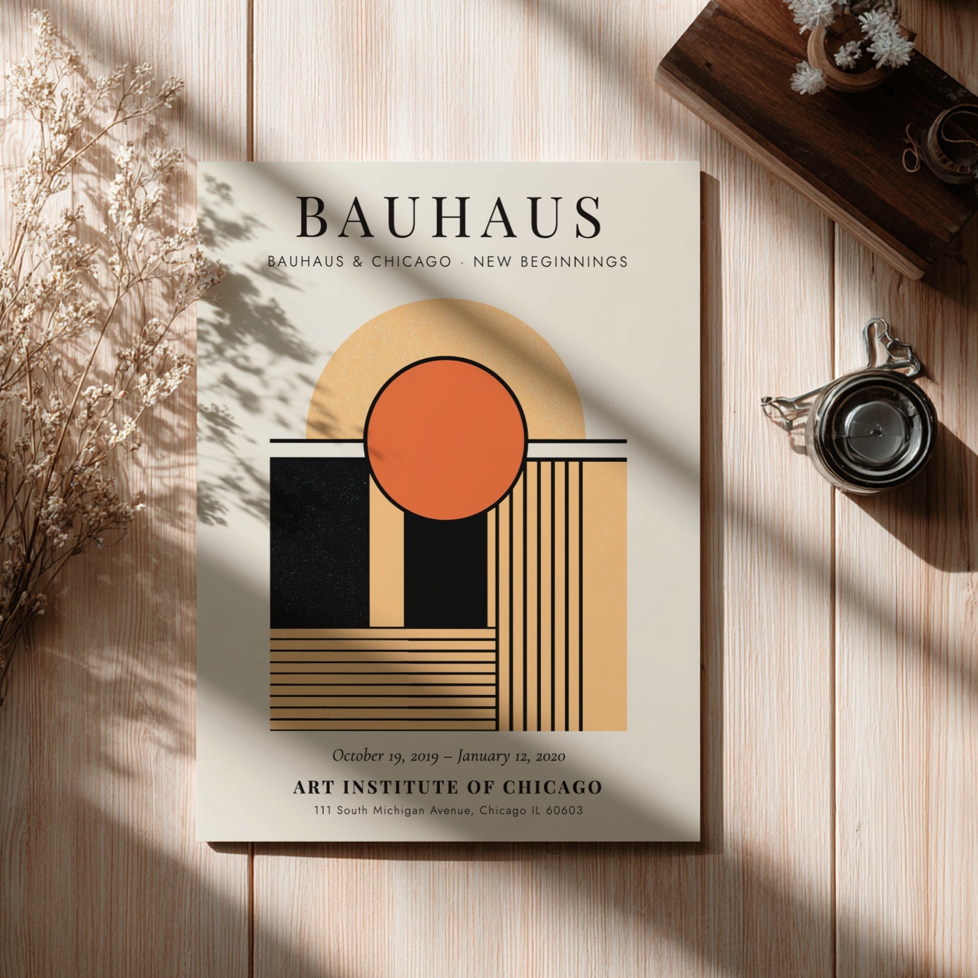 Bauhaus poster featuring geometric shapes and warm colors, modern wall art for decor