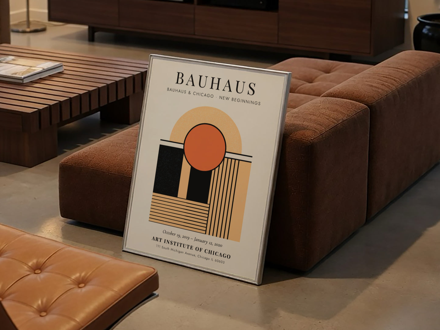Bauhaus poster featuring geometric shapes and warm colors, modern wall art for decor