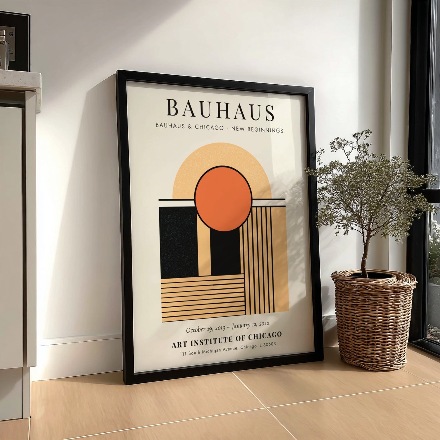 Bauhaus poster featuring geometric shapes and warm colors, modern wall art for decor