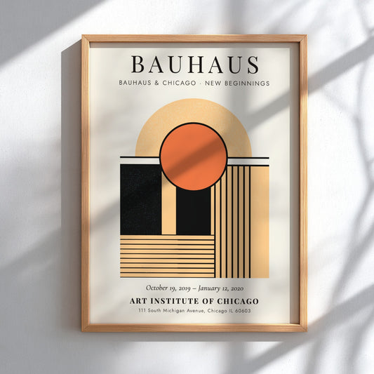 Bauhaus poster featuring geometric shapes and warm colors, modern wall art for decor