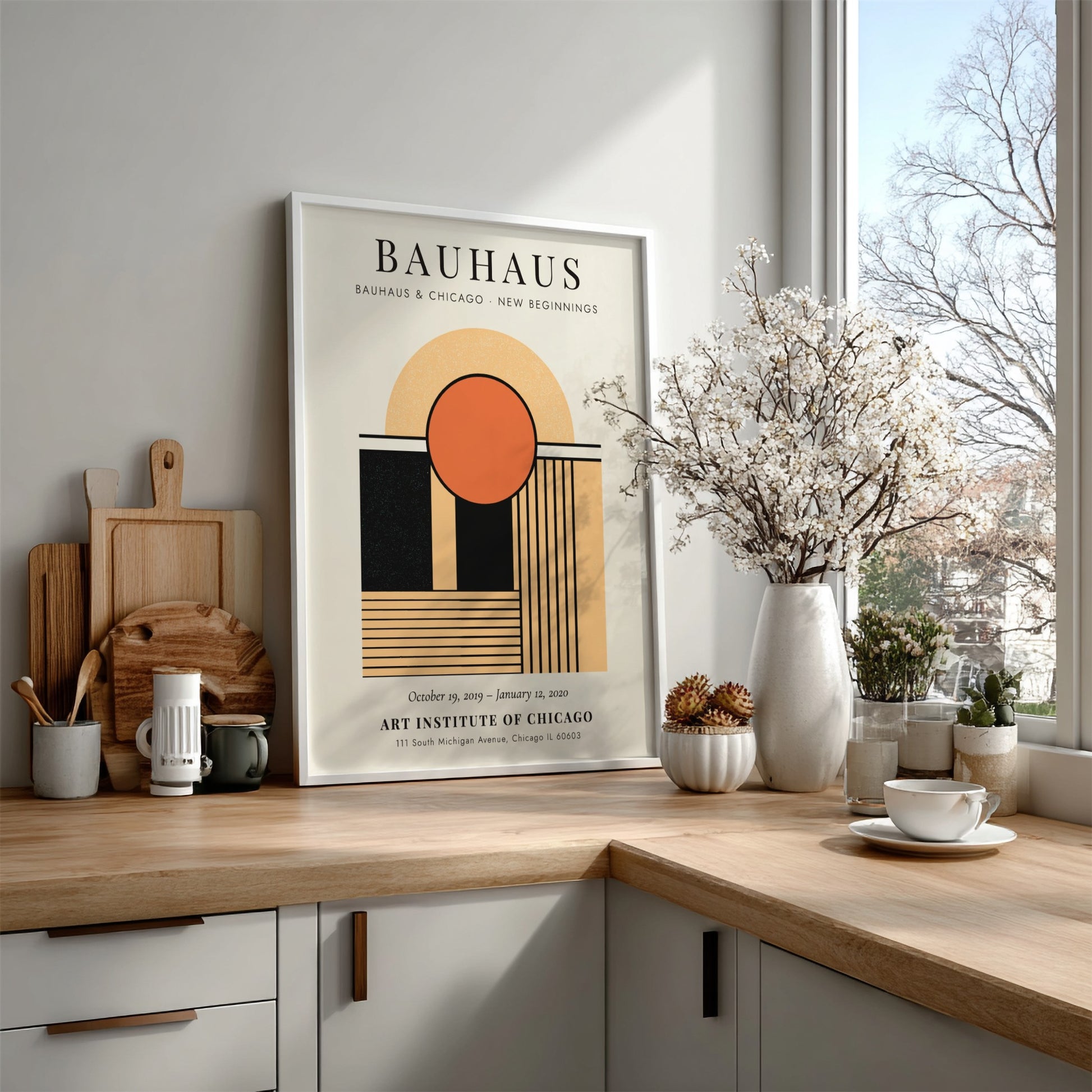 Bauhaus poster featuring geometric shapes and warm colors, modern wall art for decor
