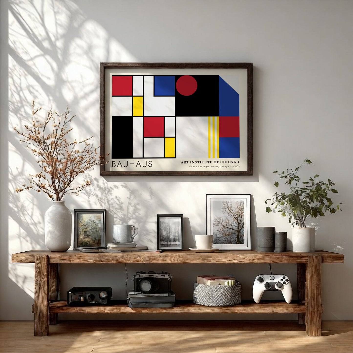 Wall art poster featuring Bauhaus geometric shapes and Art Institute of Chicago text branding.