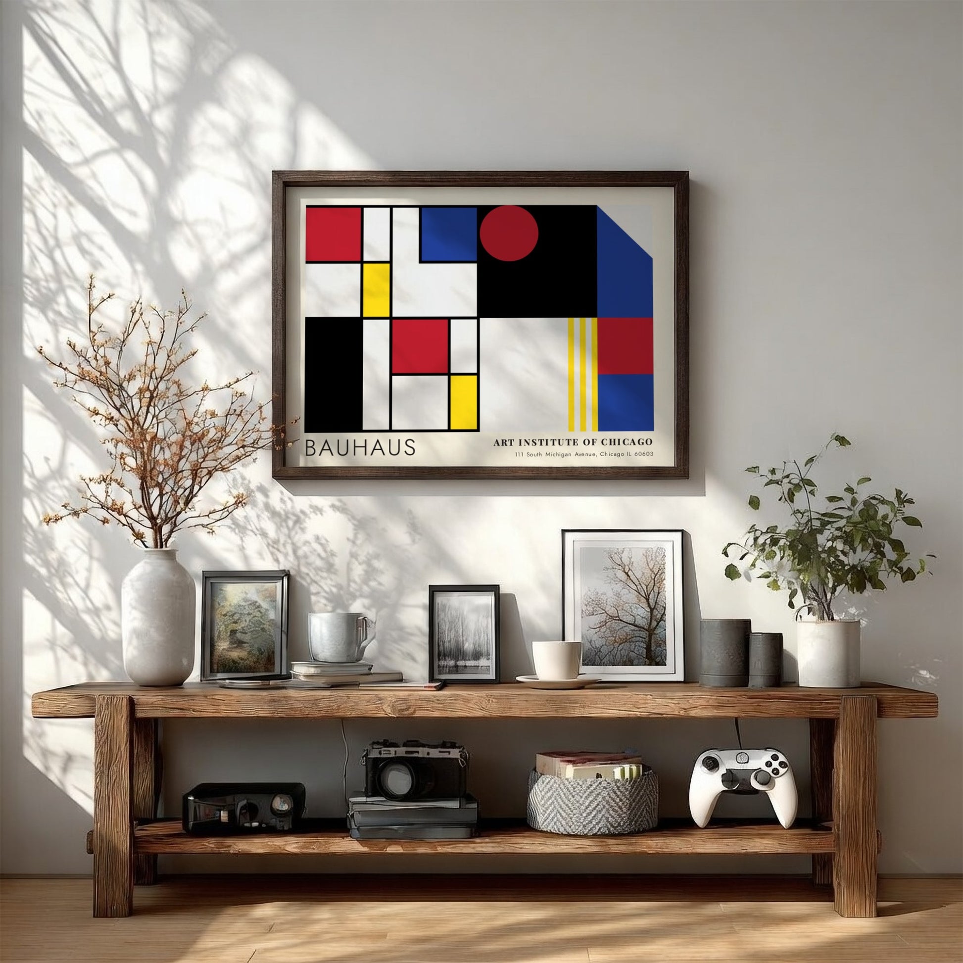 Wall art poster featuring Bauhaus geometric shapes and Art Institute of Chicago text branding.