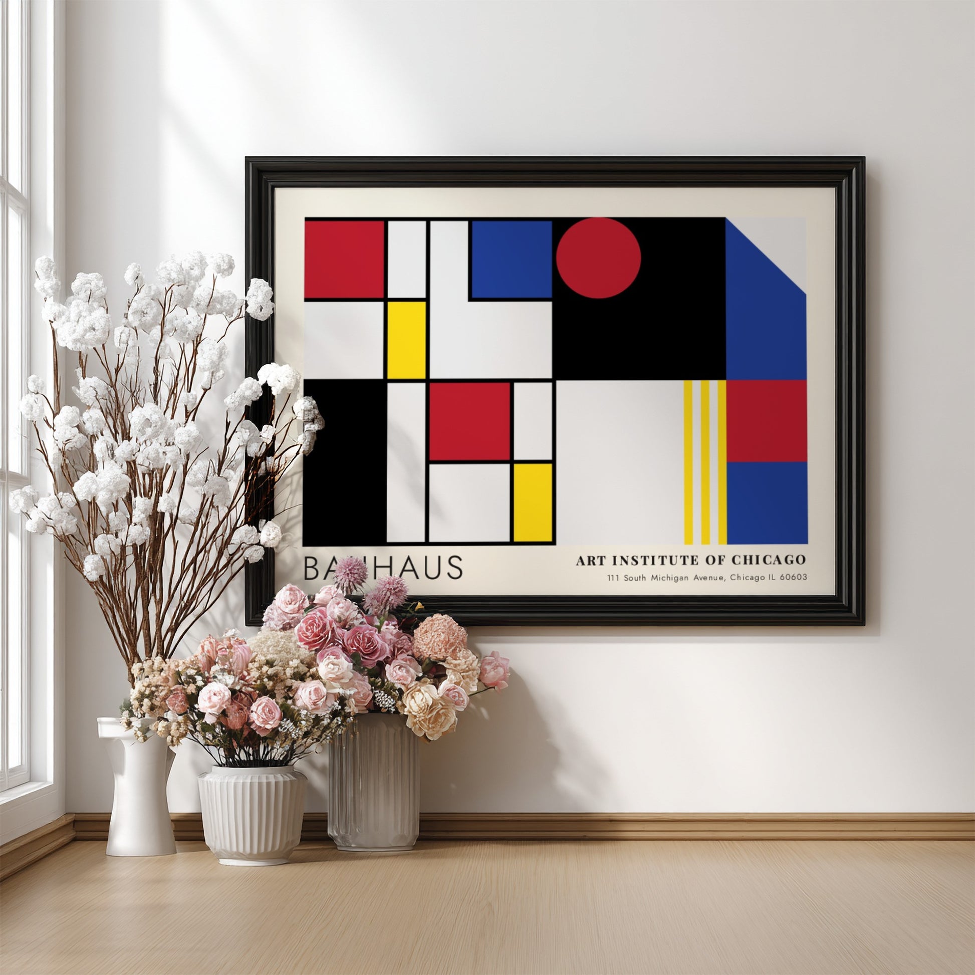 Wall art poster featuring Bauhaus geometric shapes and Art Institute of Chicago text branding.