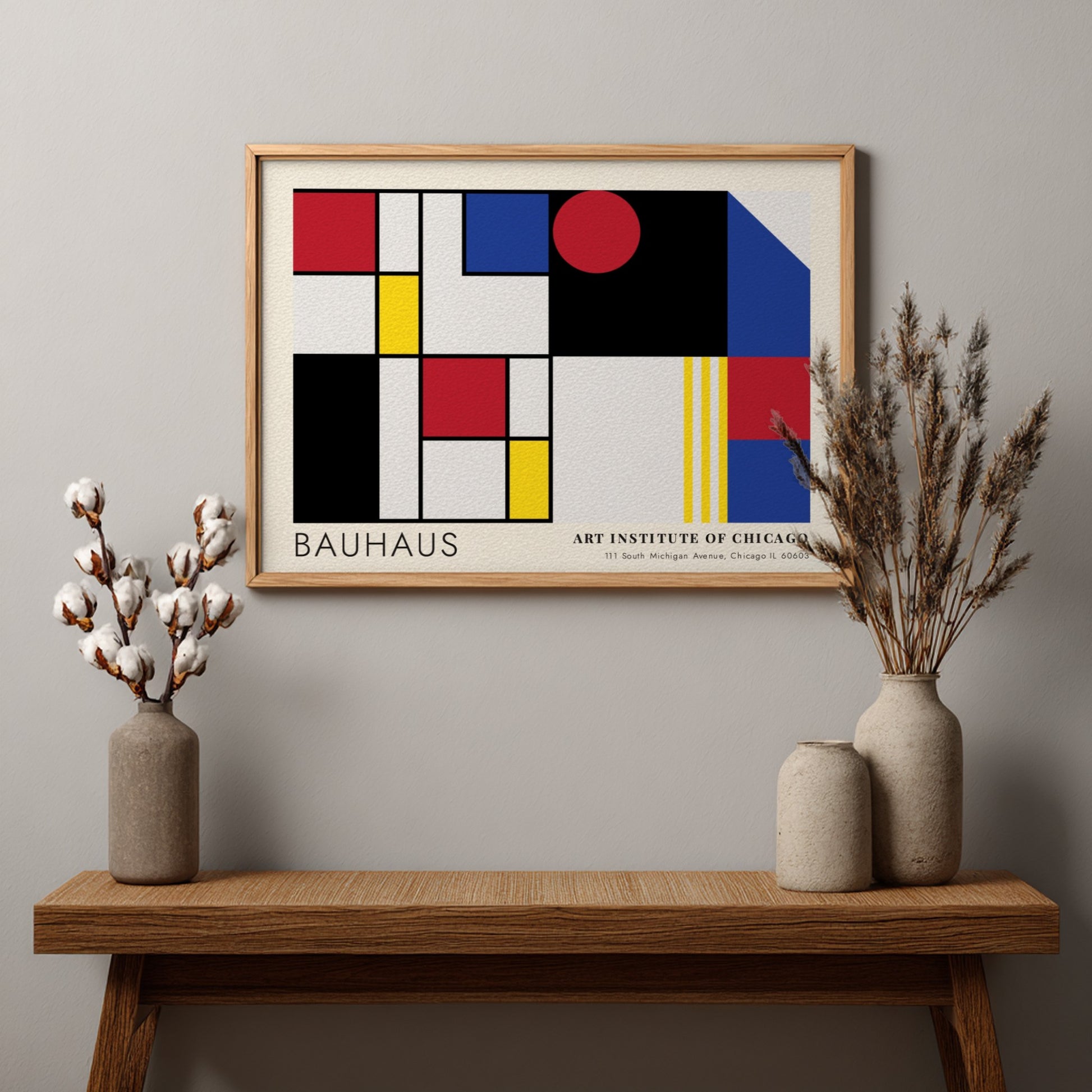 Wall art poster featuring Bauhaus geometric shapes and Art Institute of Chicago text branding.