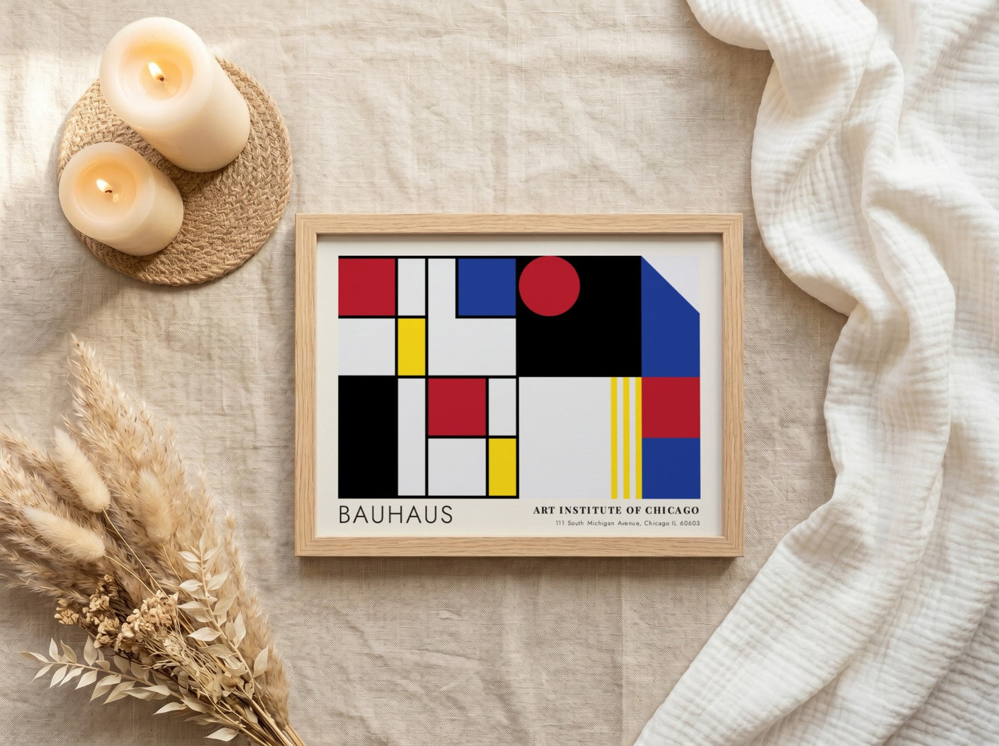 Wall art poster featuring Bauhaus geometric shapes and Art Institute of Chicago text branding.