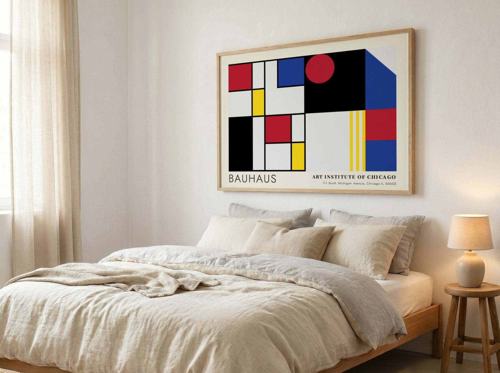 Wall art poster featuring Bauhaus geometric shapes and Art Institute of Chicago text branding.