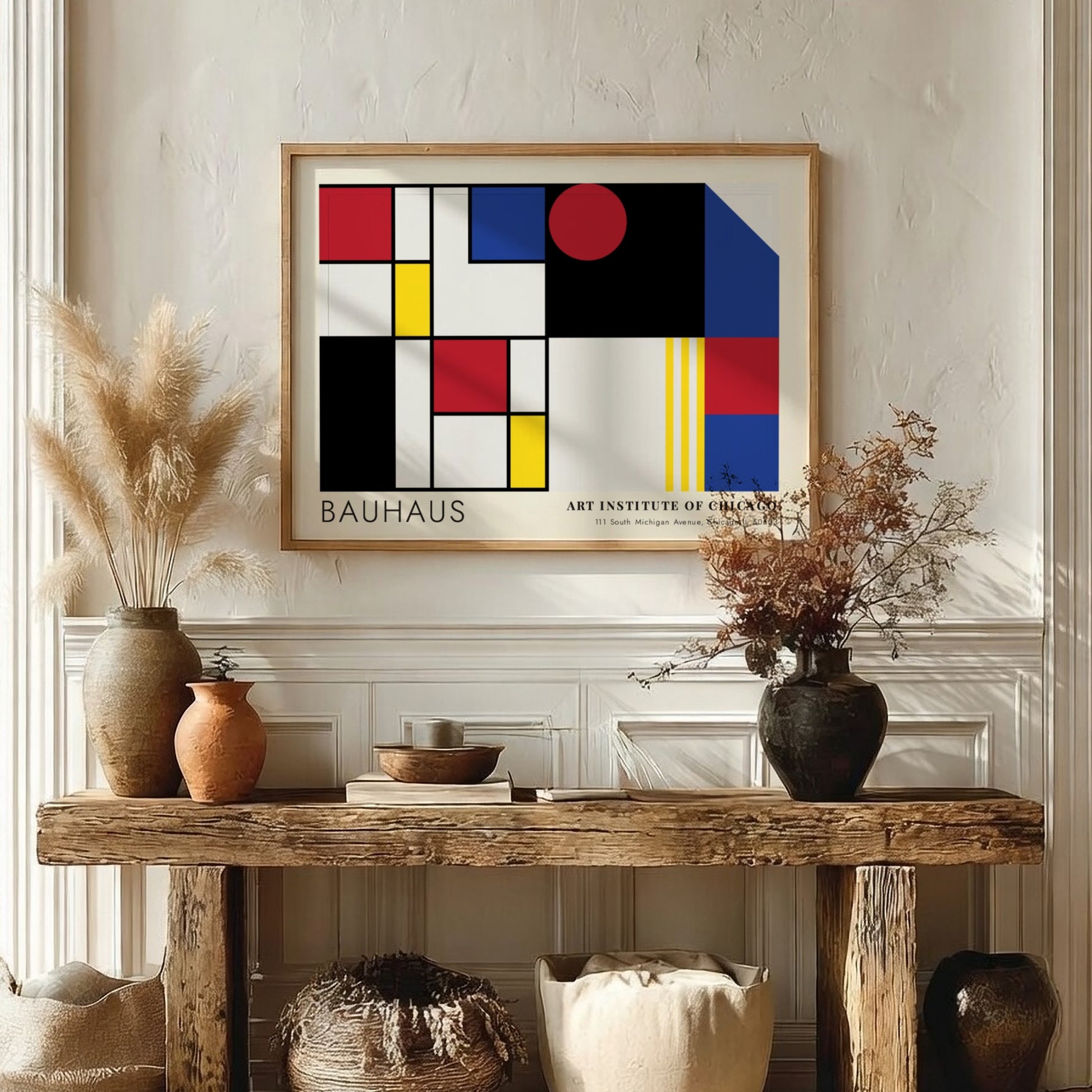 Wall art poster featuring Bauhaus geometric shapes and Art Institute of Chicago text branding.