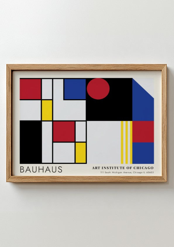 Wall art poster featuring Bauhaus geometric shapes and Art Institute of Chicago text branding.