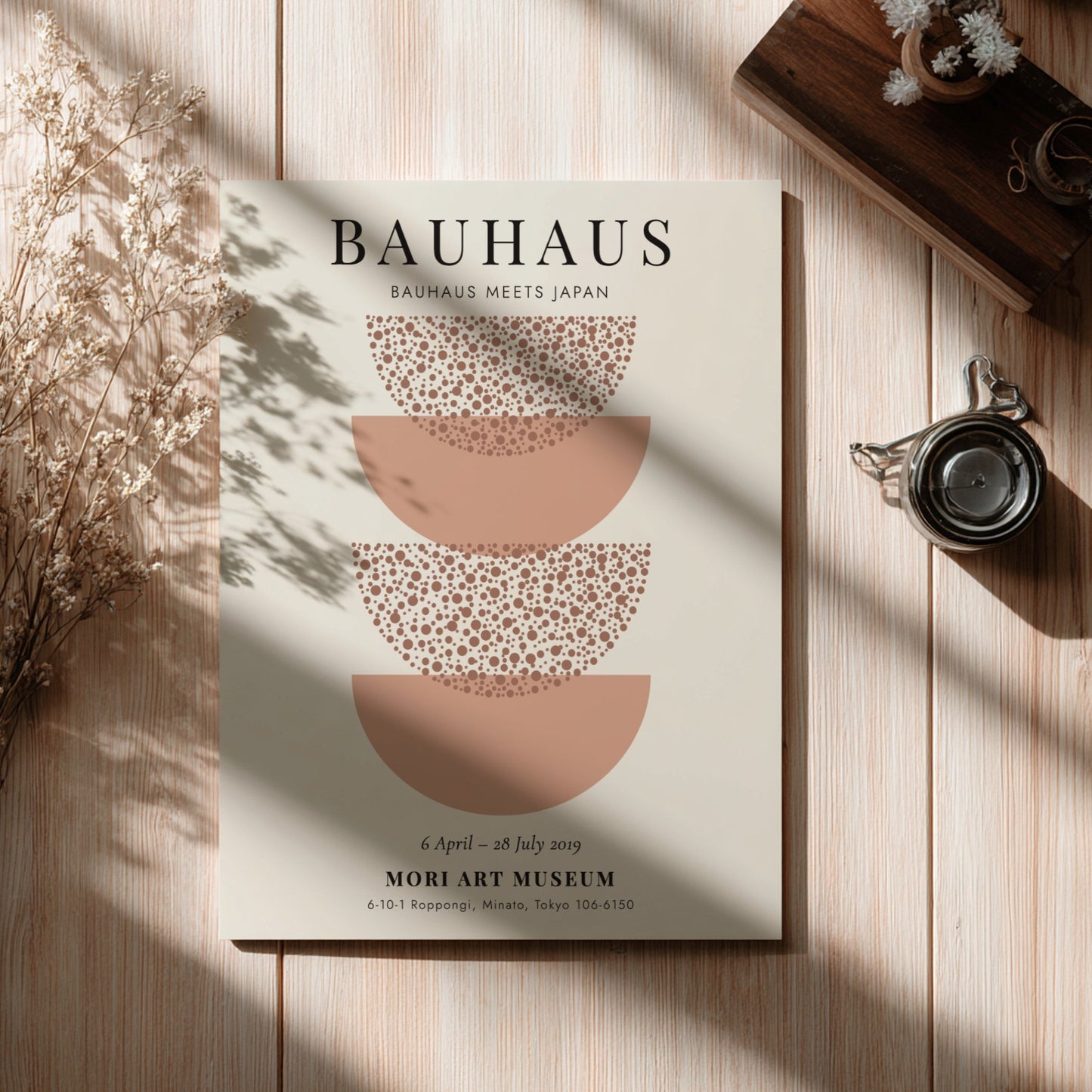 Bauhaus poster featuring Japanese-inspired design with soft earth tones and circular motifs