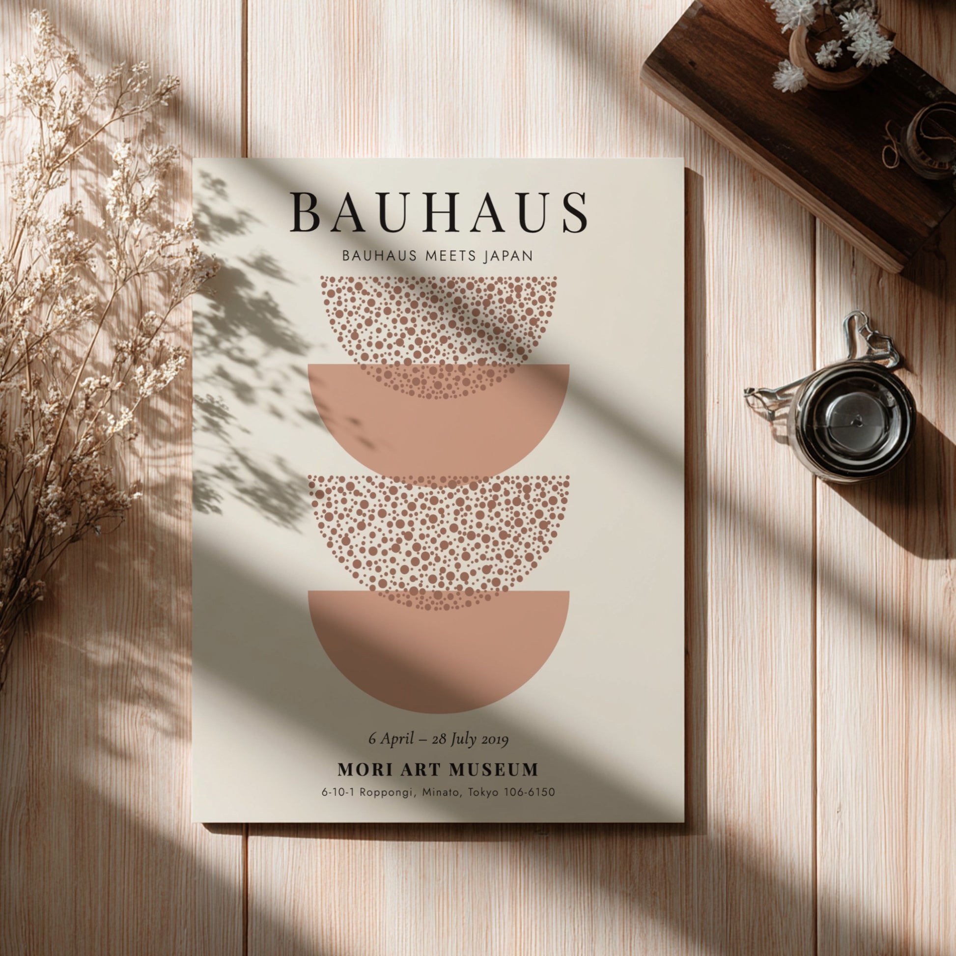 Bauhaus poster featuring Japanese-inspired design with soft earth tones and circular motifs