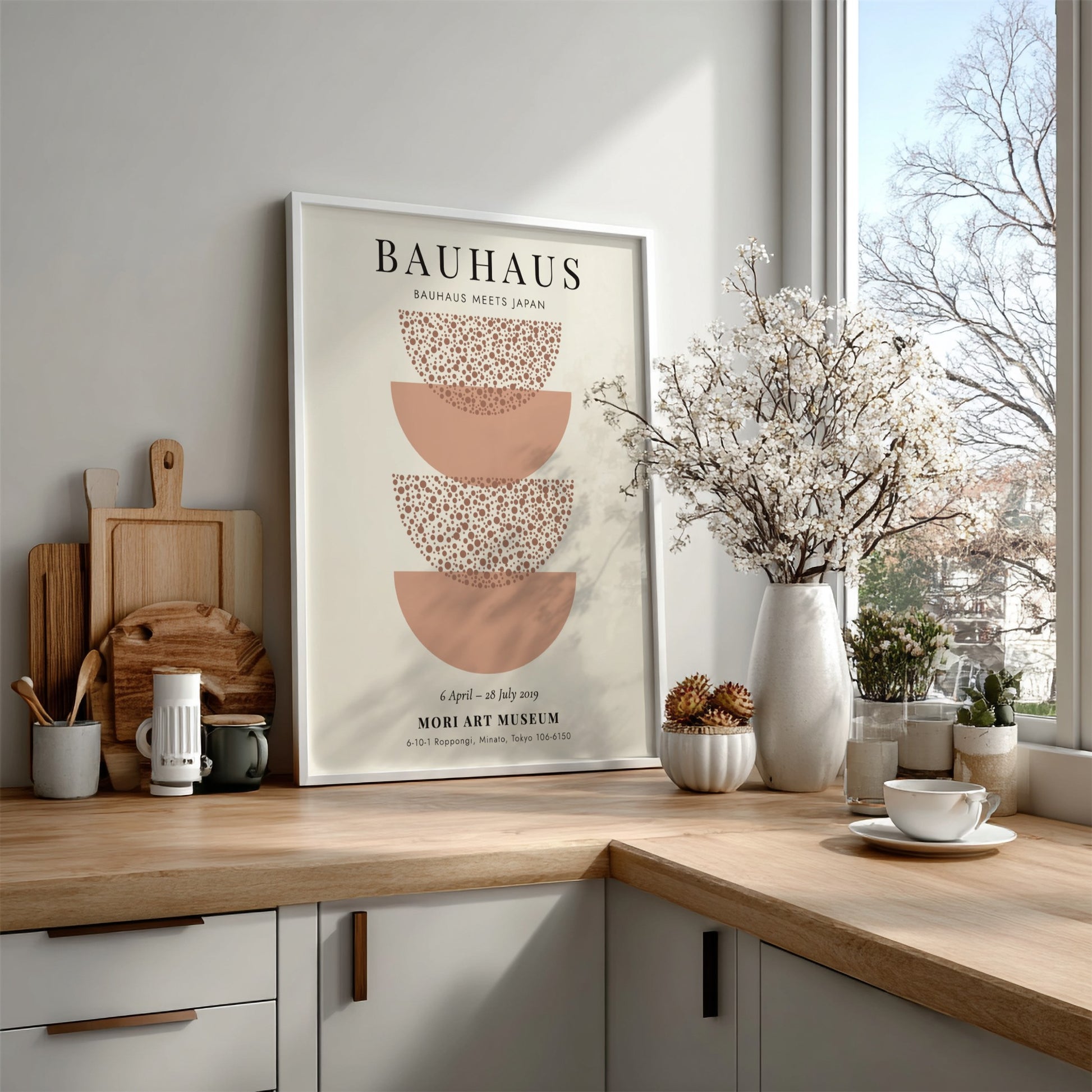 Bauhaus poster featuring Japanese-inspired design with soft earth tones and circular motifs