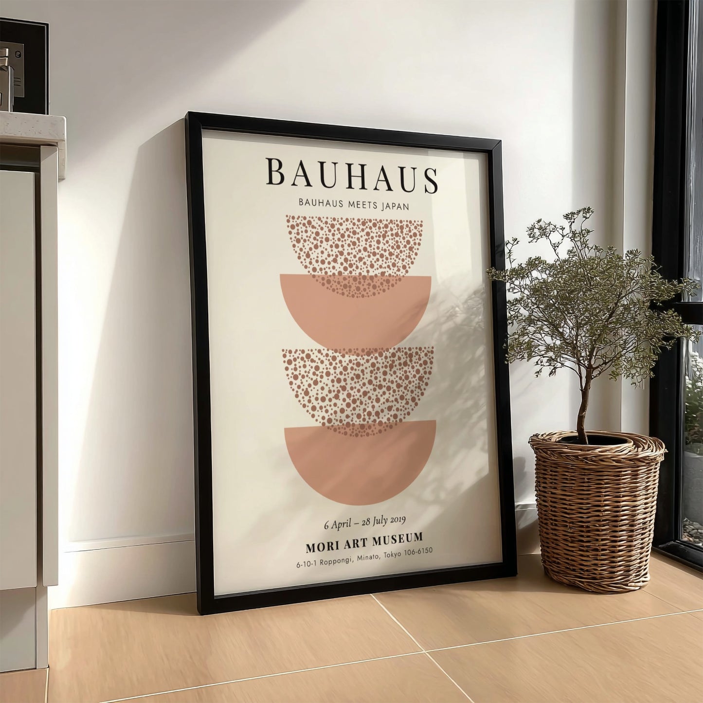 Bauhaus poster featuring Japanese-inspired design with soft earth tones and circular motifs
