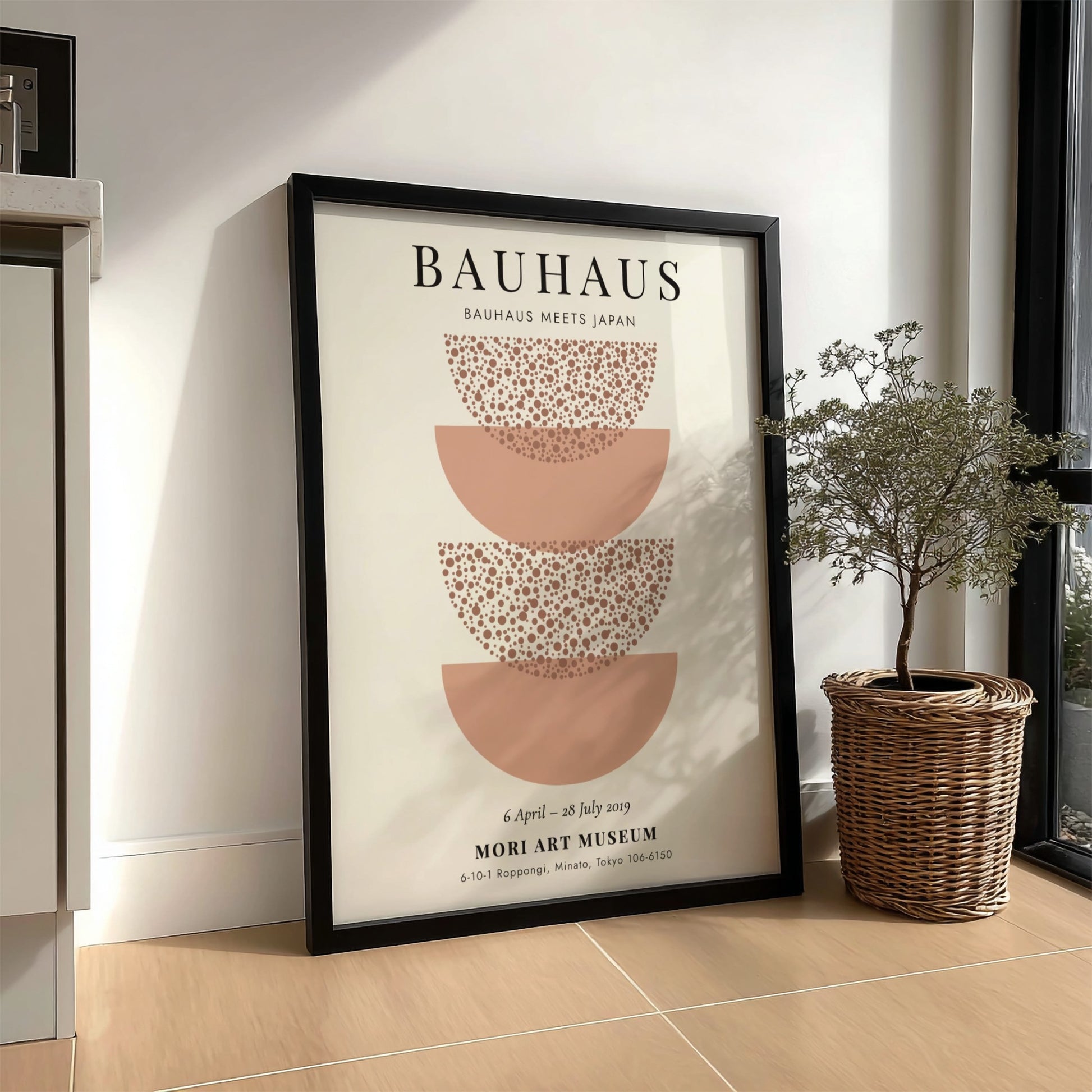 Bauhaus poster featuring Japanese-inspired design with soft earth tones and circular motifs