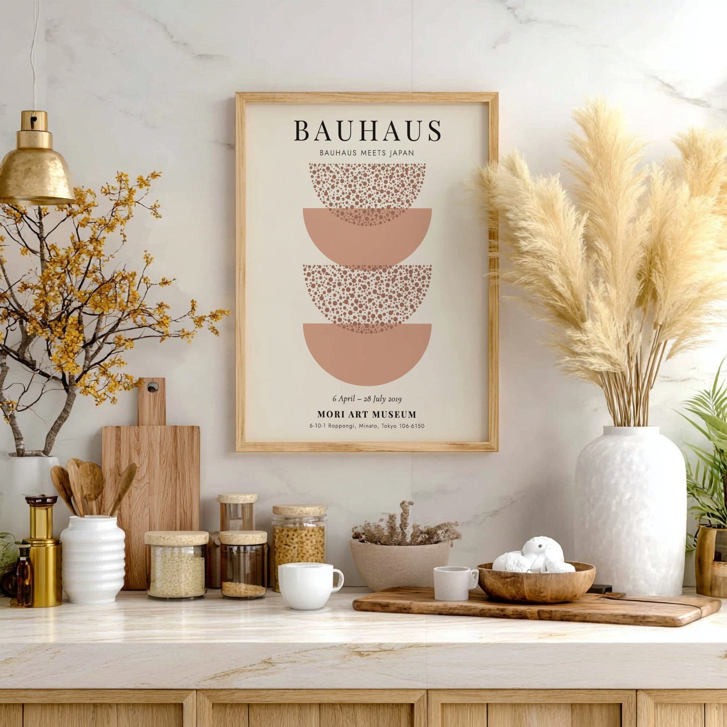 Bauhaus poster featuring Japanese-inspired design with soft earth tones and circular motifs