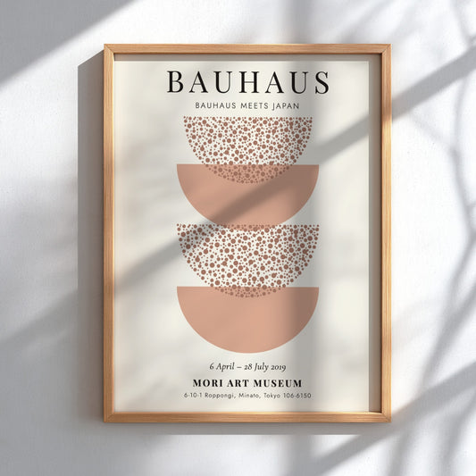Bauhaus poster featuring Japanese-inspired design with soft earth tones and circular motifs
