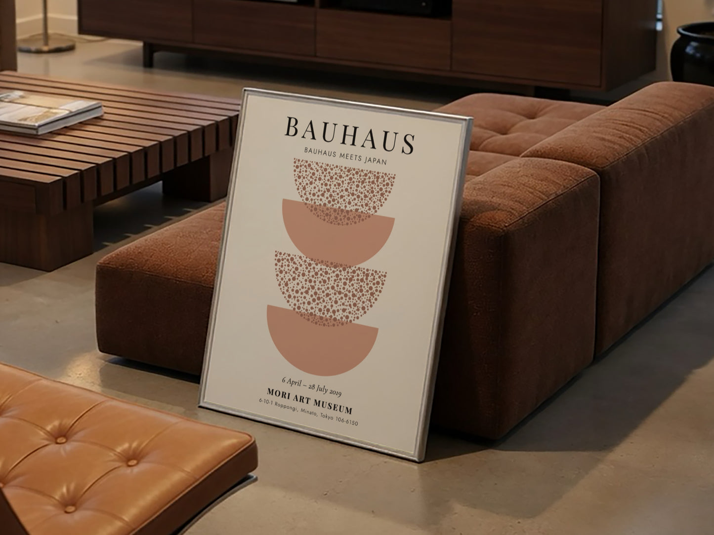 Bauhaus poster featuring Japanese-inspired design with soft earth tones and circular motifs