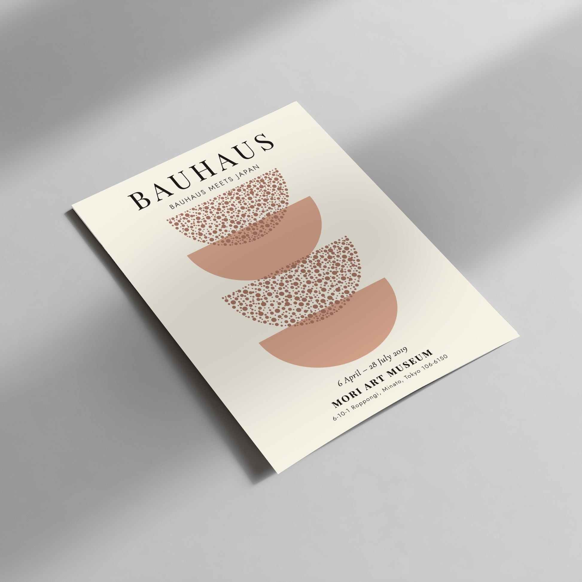 Bauhaus poster featuring Japanese-inspired design with soft earth tones and circular motifs