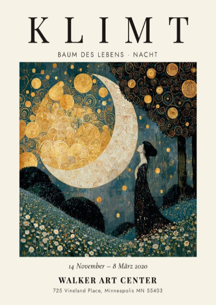 Baum des Lebens - Nacht poster featuring swirling patterns and golden hues, inspired by Gustav Klimt's artwork
